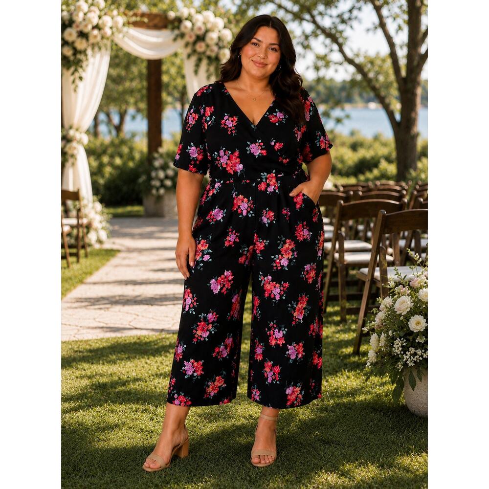 Trixxi Floral Jumpsuit Women's Size XXL Black Pink Bloomcore Wedding Guest Glam